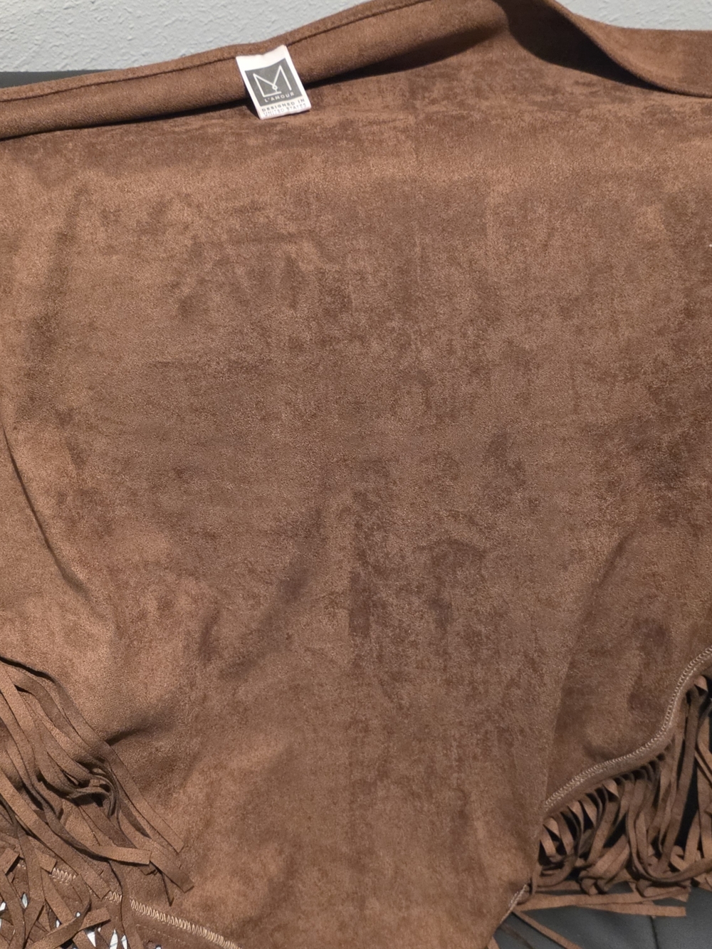 brown faux-suede fringe poncho shawl
